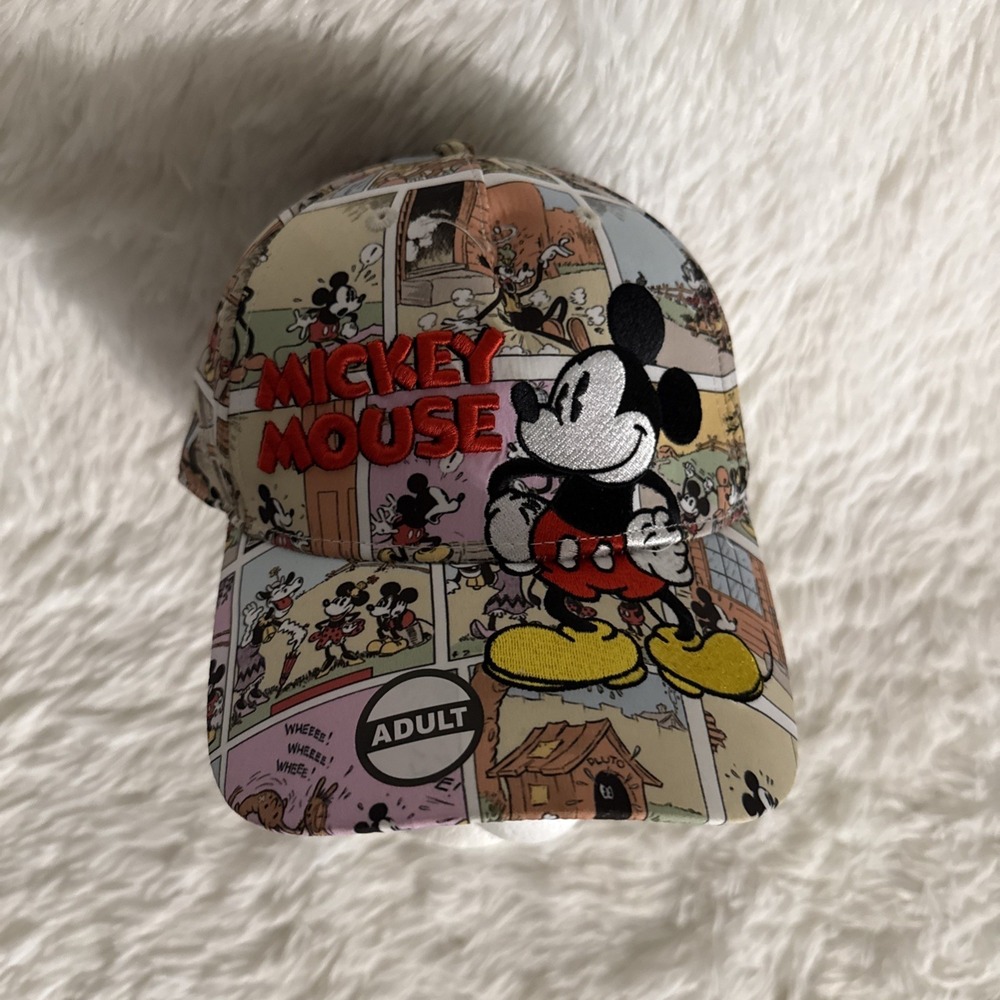Disney Mickey Mouse Vintage Comic Strip Cap Hat Adult Adjustable NWT Red Logo